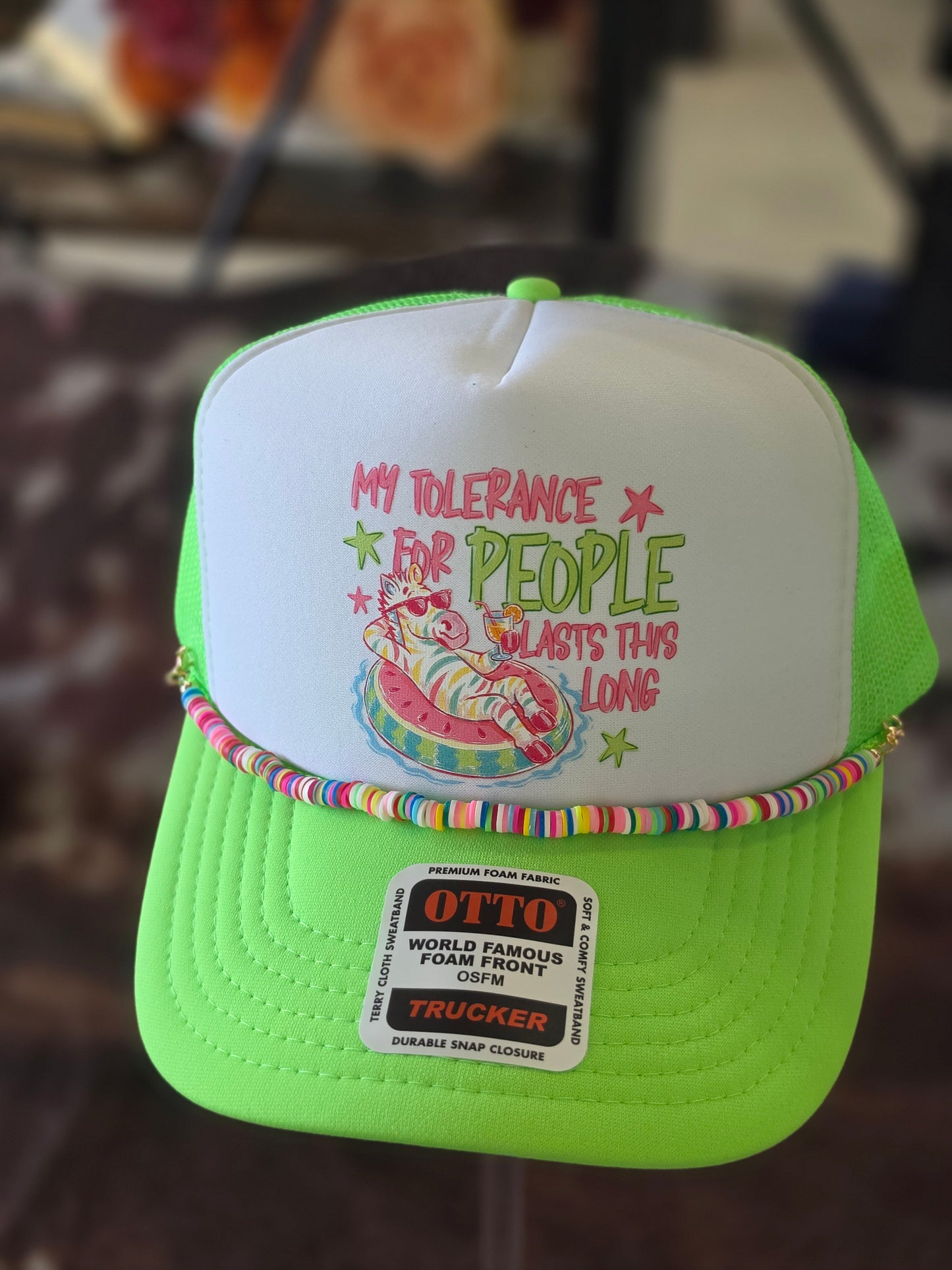 My Tolerance for People Foam Trucker Hat | Neon Green OTTO Hat with Rainbow Hat Chain