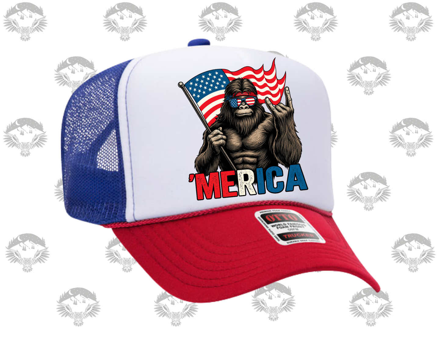 ‘Merica Bigfoot Patriotic Trucker Hat – Otto Red, White & Blue Snapback