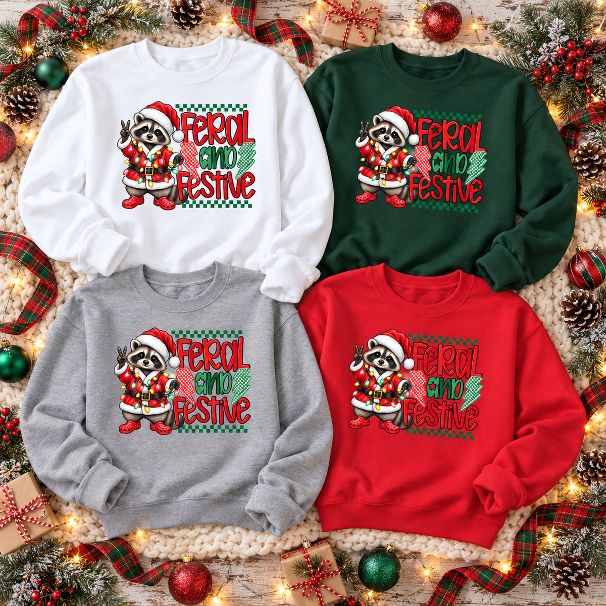 Feral and Festive Raccoon Christmas Gildan Crewneck