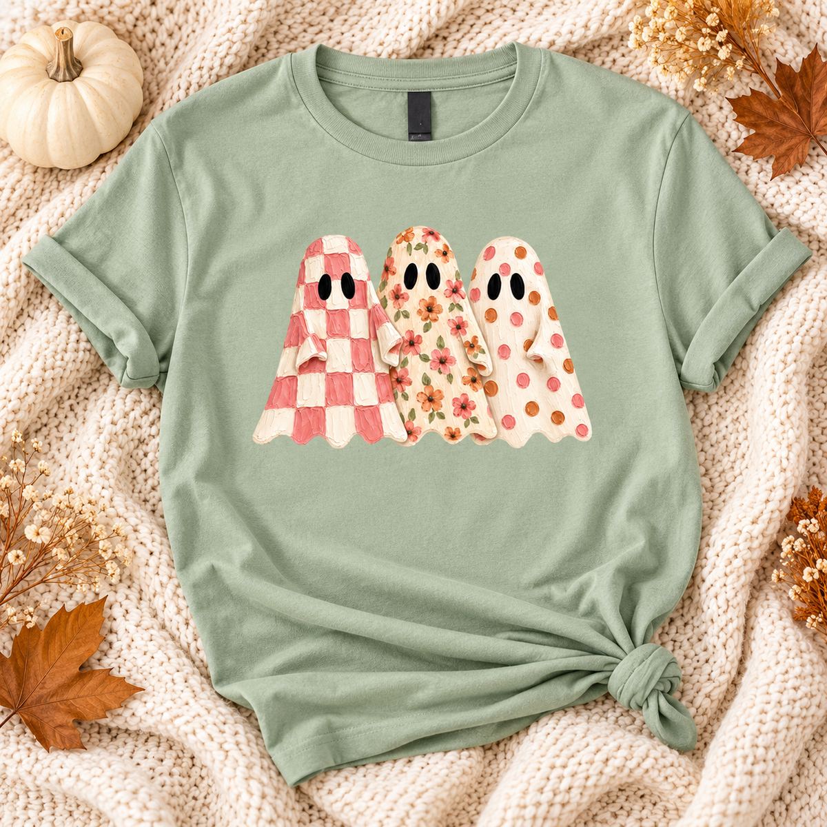 Three Patterned Ghosts Tee | Sage Green Halloween Shirt
