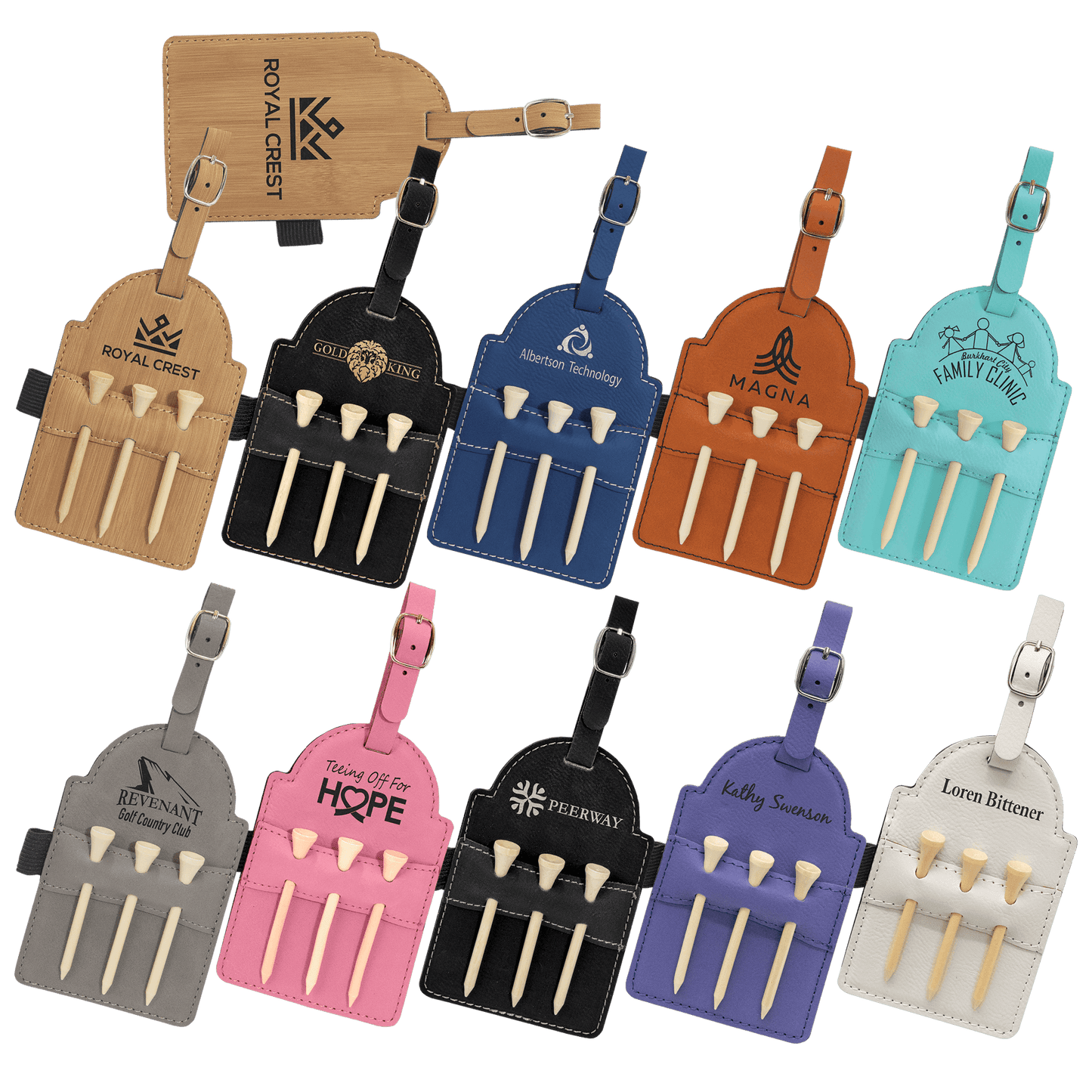 Laserable Leatherette Golf Bag Tag with 3 Wooden Tees