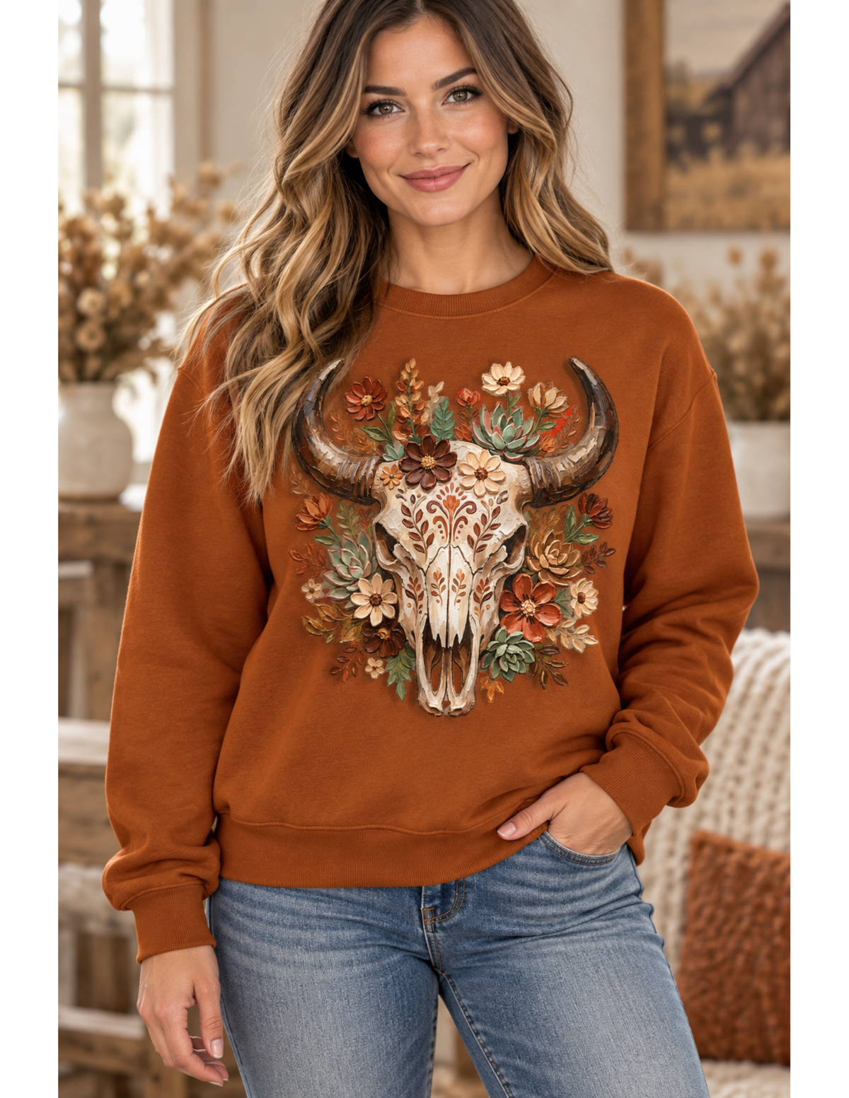 Rustic Floral Longhorn Skull Crewneck