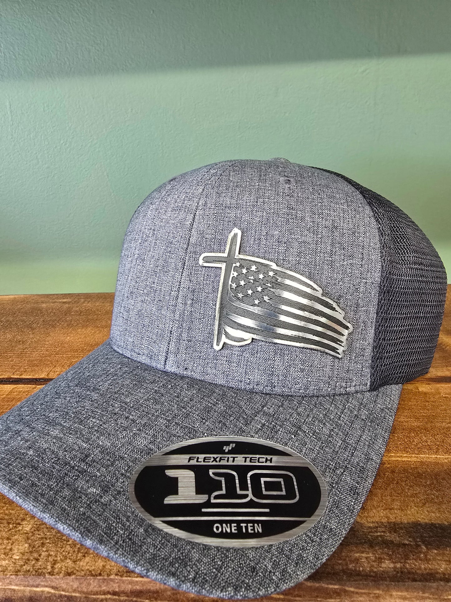 Rustic Faith Flexfit Hat – Silver American Flag Cross Patch