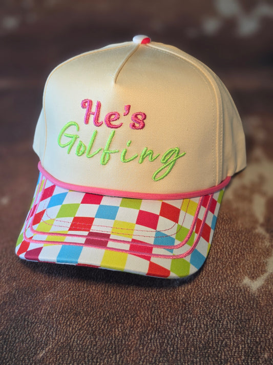 He’s Golfing Embroidered Colorful Checkered Hat – One of a Kind