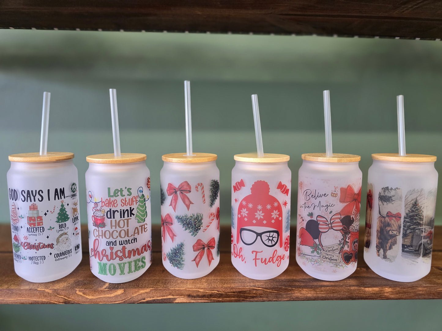 Christmas Glass Bamboo Lid Tumblers