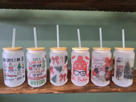 Christmas Glass Bamboo Lid Tumblers