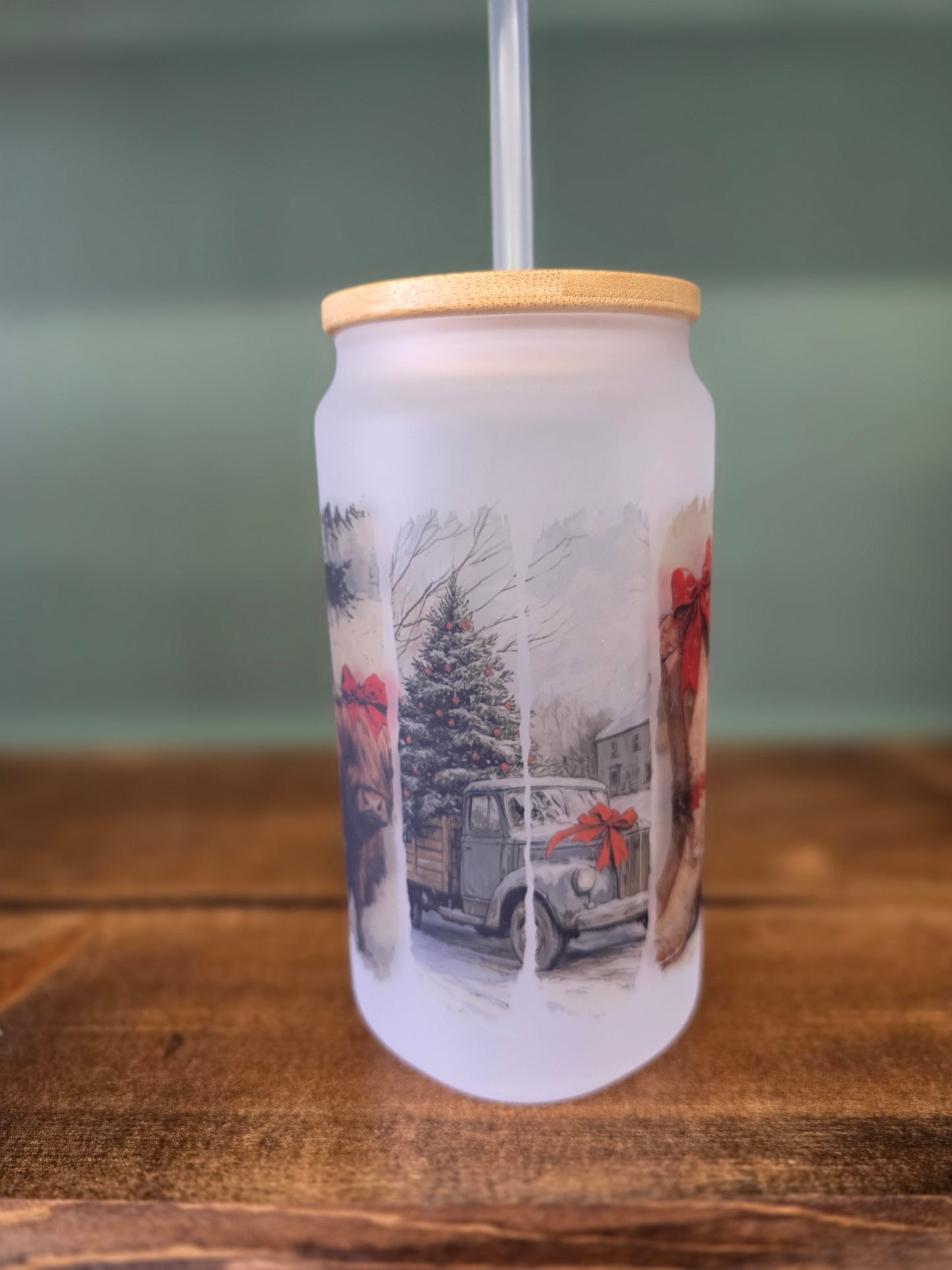 Christmas Glass Bamboo Lid Tumblers