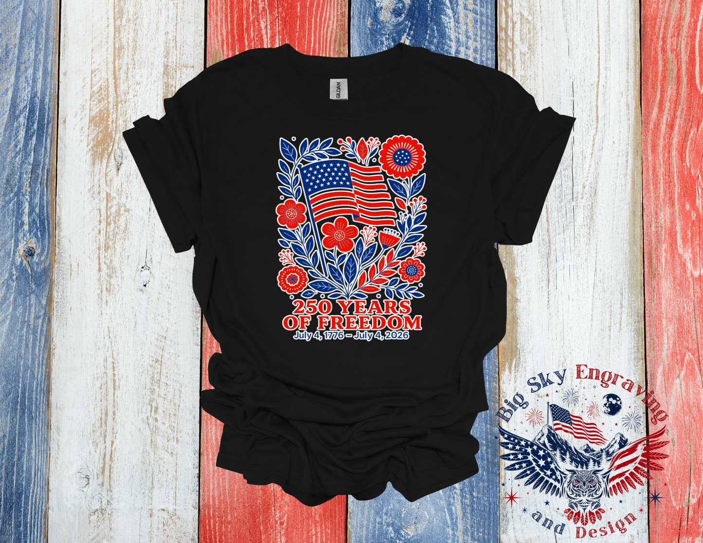 250 Years of Freedom Floral Flag – Gildan Softstyle T-Shirt