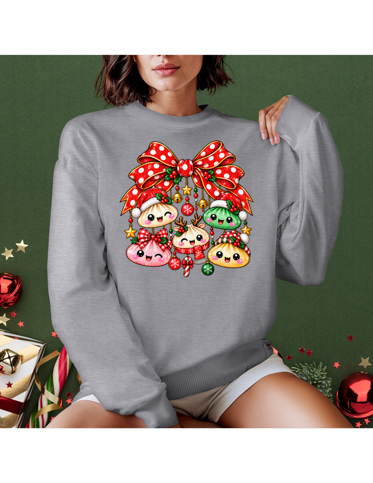 Christmas Dumplings & Bow Gildan Crewneck Sweatshirt