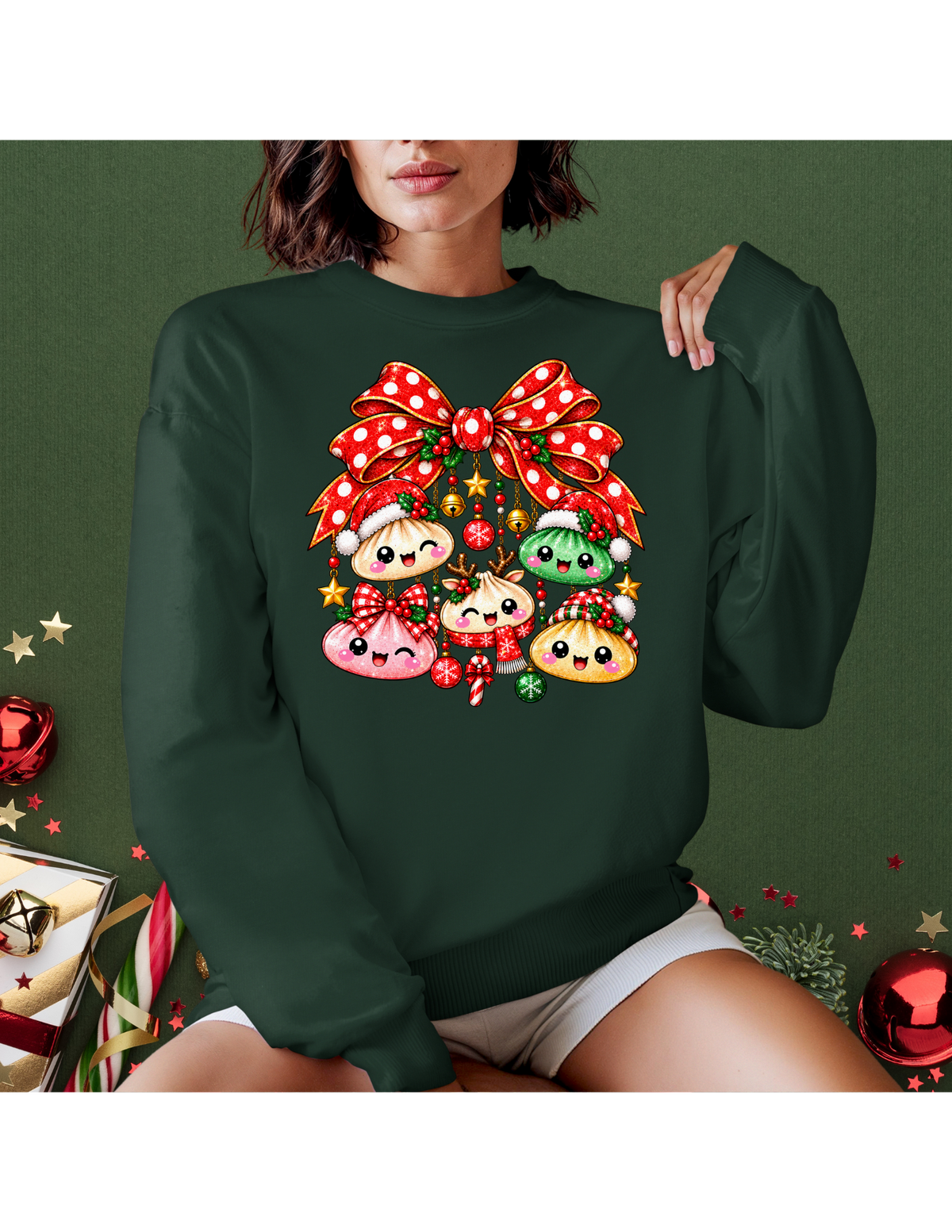 Christmas Dumplings & Bow Gildan Crewneck Sweatshirt