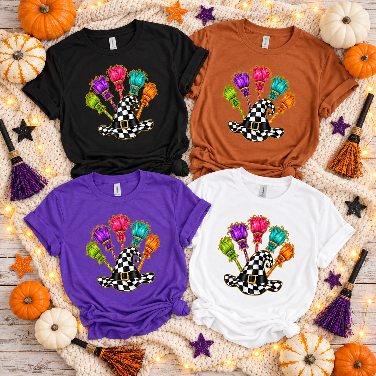 Colorful Witch Hat & Broomsticks Halloween Tee