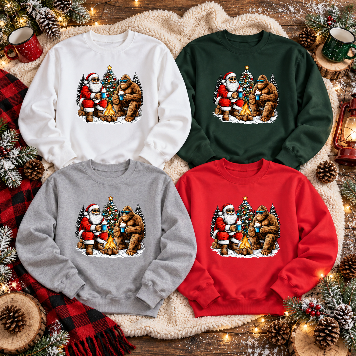 Santa & Bigfoot Christmas Campfire Gildan Crewneck