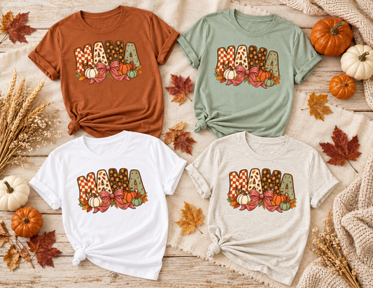 Fall MAMA Graphic T-Shirt | Cute Pumpkin & Bow Design