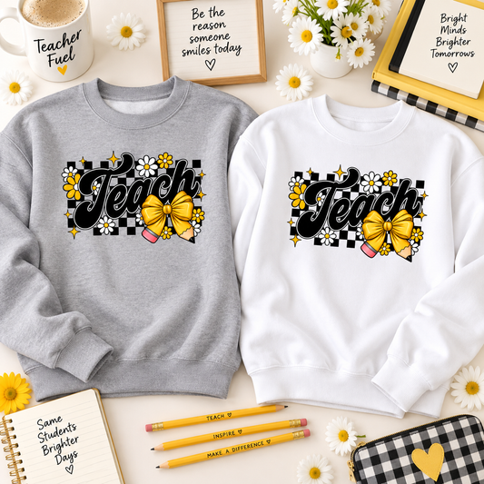 Retro Teach Daisy Bow Jerzees Crewneck
