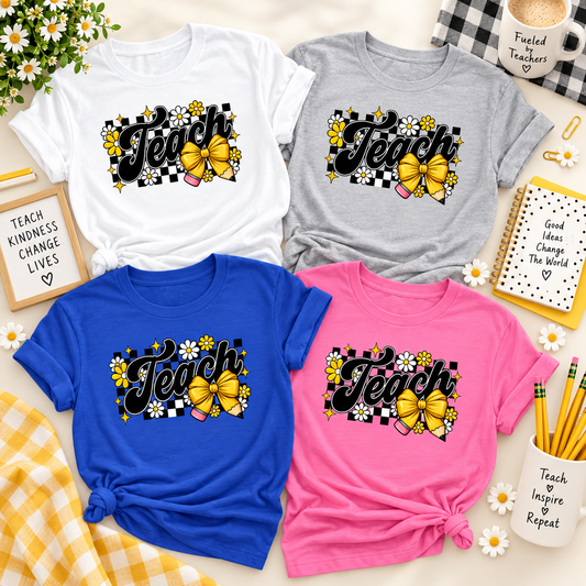 Retro Teach Daisy Bow Gildan Softstyle Tee