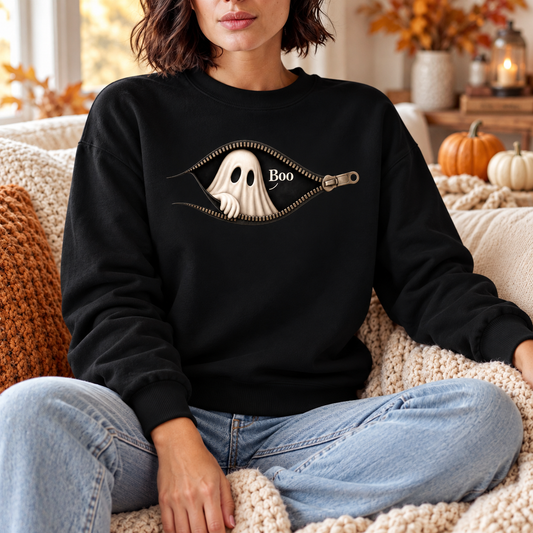 Peek-a-Boo Ghost Halloween Crewneck | Black Jerzees Crewneck