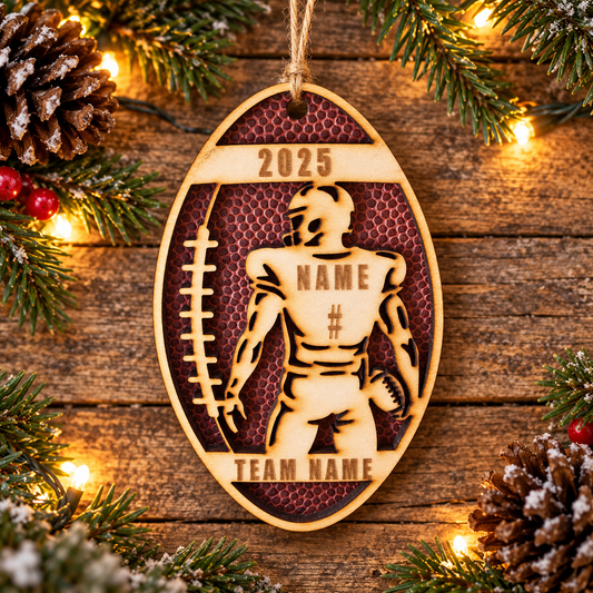 Personalized Basketball & Football Ornaments — Wood & Leather Inlay