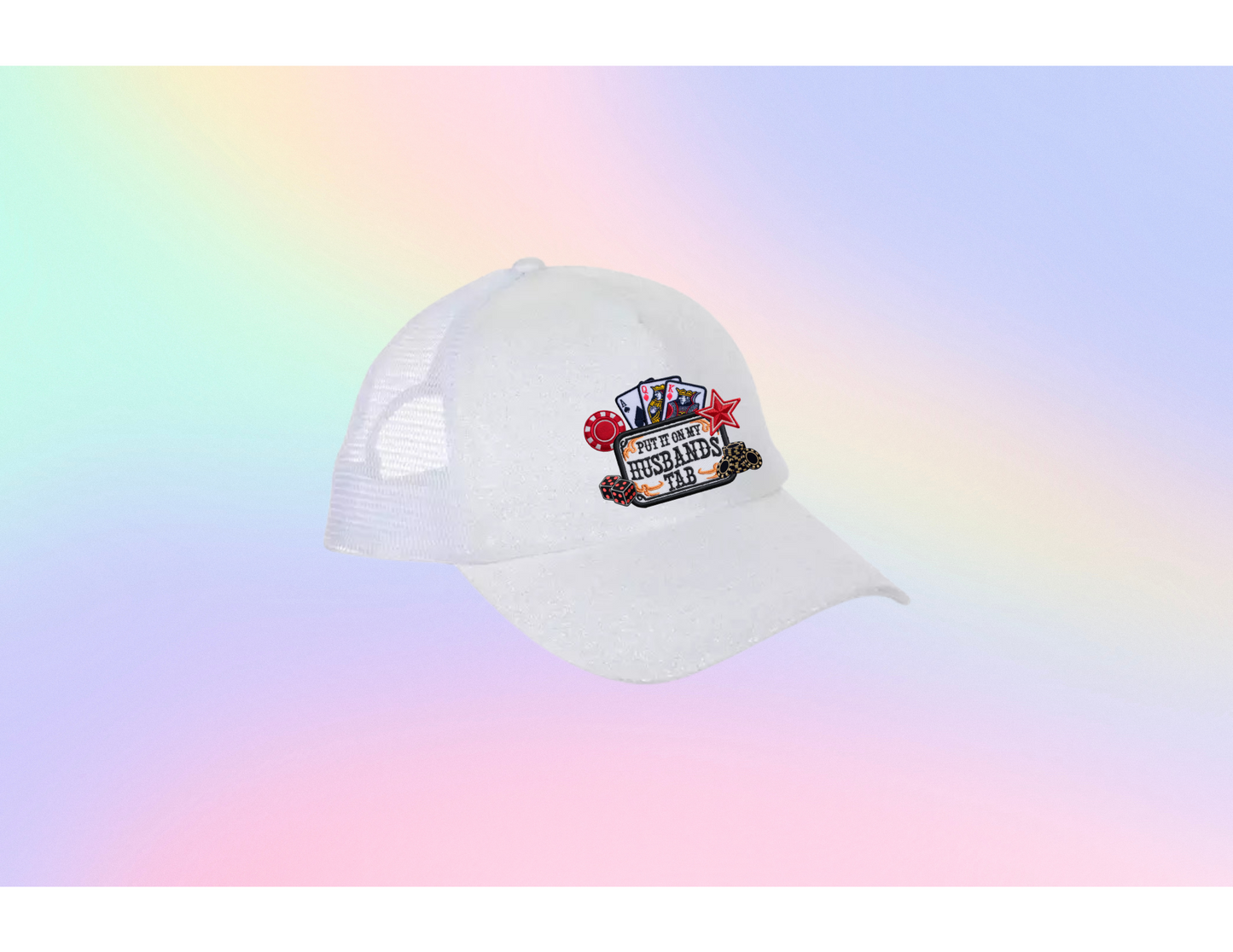 "Put it on my husbands tab" White Glitter Adult Trucker Baseball Cap